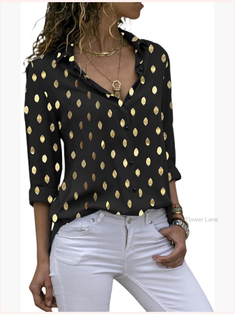 Womens Pattern Print Button Down Blouse Long Sleeve Work Business Top